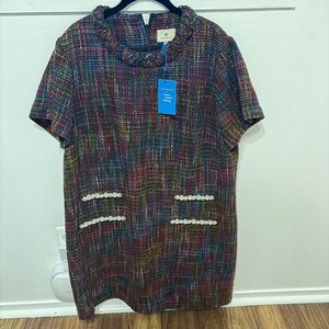 Tuckernuck Multicolor Tweed Short-Sleeve Shift Dress with Pearl Trim